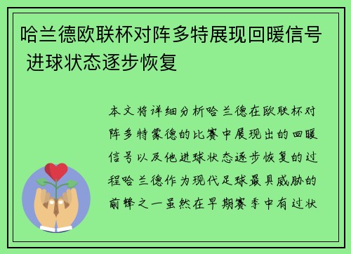 哈兰德欧联杯对阵多特展现回暖信号 进球状态逐步恢复