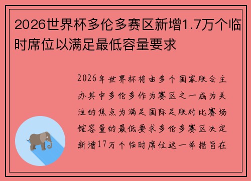 2026世界杯多伦多赛区新增1.7万个临时席位以满足最低容量要求