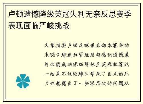卢顿遗憾降级英冠失利无奈反思赛季表现面临严峻挑战